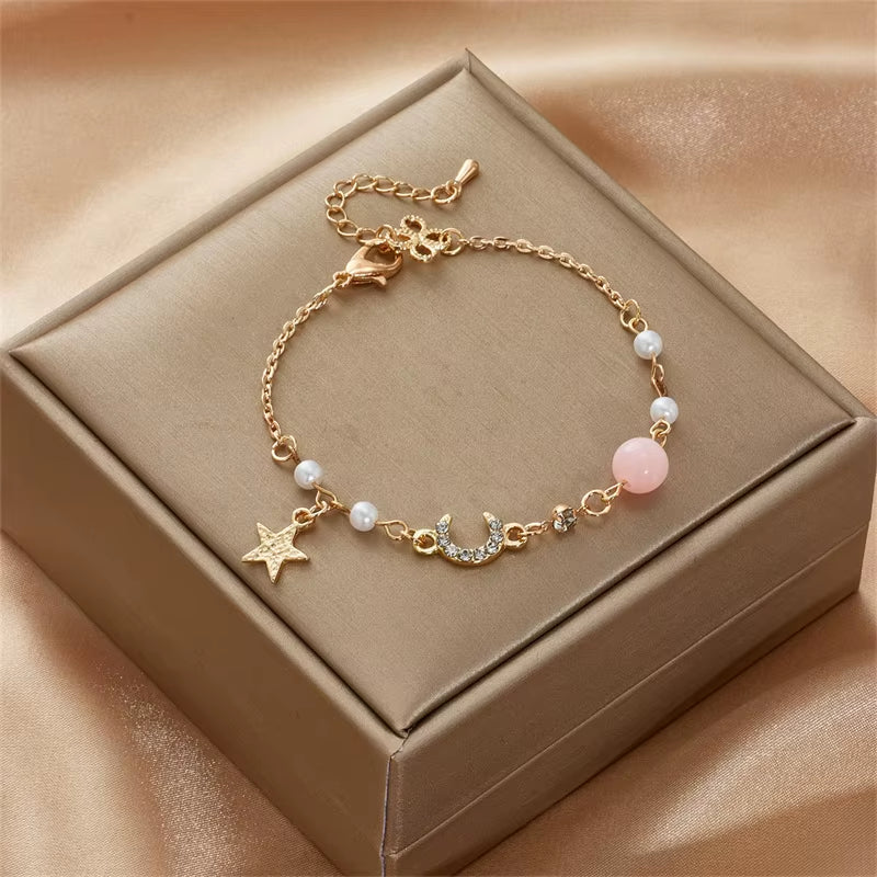 Korean Simple Star Moon Zircon Pearl Bracelet for Women Ladies Cute Elegant Exquisite Shiny Link Chain Bracelet Charm Jewelry