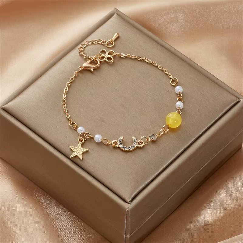 Korean Simple Star Moon Zircon Pearl Bracelet for Women Ladies Cute Elegant Exquisite Shiny Link Chain Bracelet Charm Jewelry