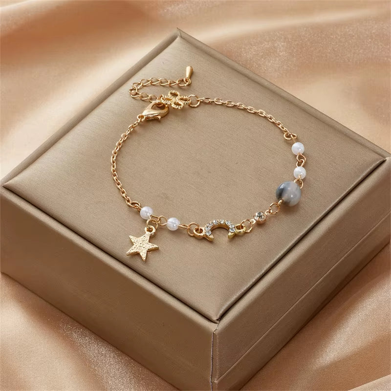 Korean Simple Star Moon Zircon Pearl Bracelet for Women Ladies Cute Elegant Exquisite Shiny Link Chain Bracelet Charm Jewelry