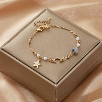 Korean Simple Star Moon Zircon Pearl Bracelet for Women Ladies Cute Elegant Exquisite Shiny Link Chain Bracelet Charm Jewelry