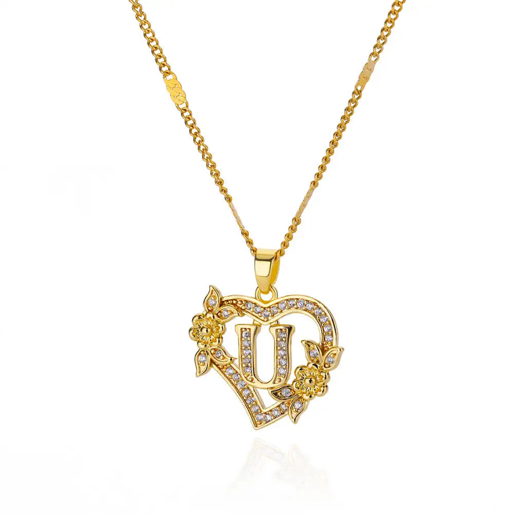 Gold-Plated Stainless Steel Heart Necklace with Zircon & Initials for Women