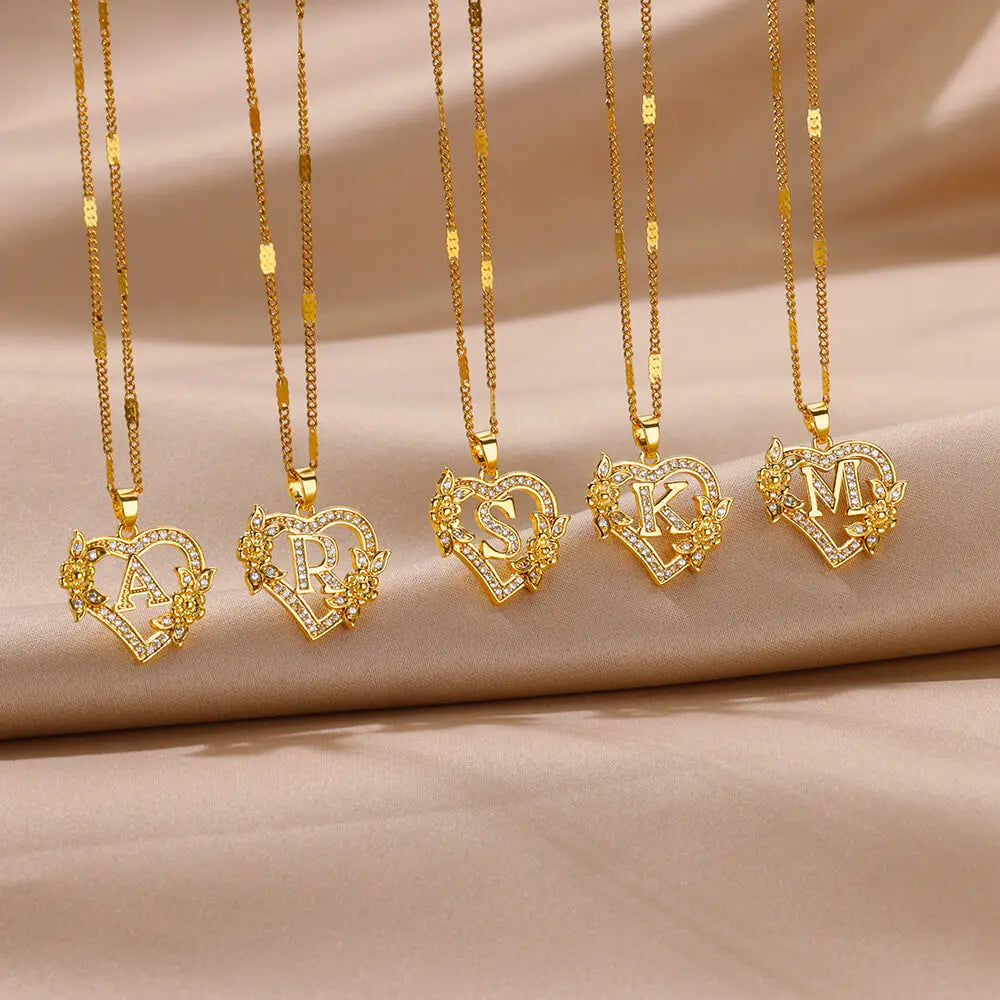 Gold-Plated Stainless Steel Heart Necklace with Zircon & Initials for Women