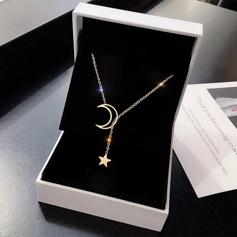 Gold Moon & Star Pendant Choker Necklace for Women