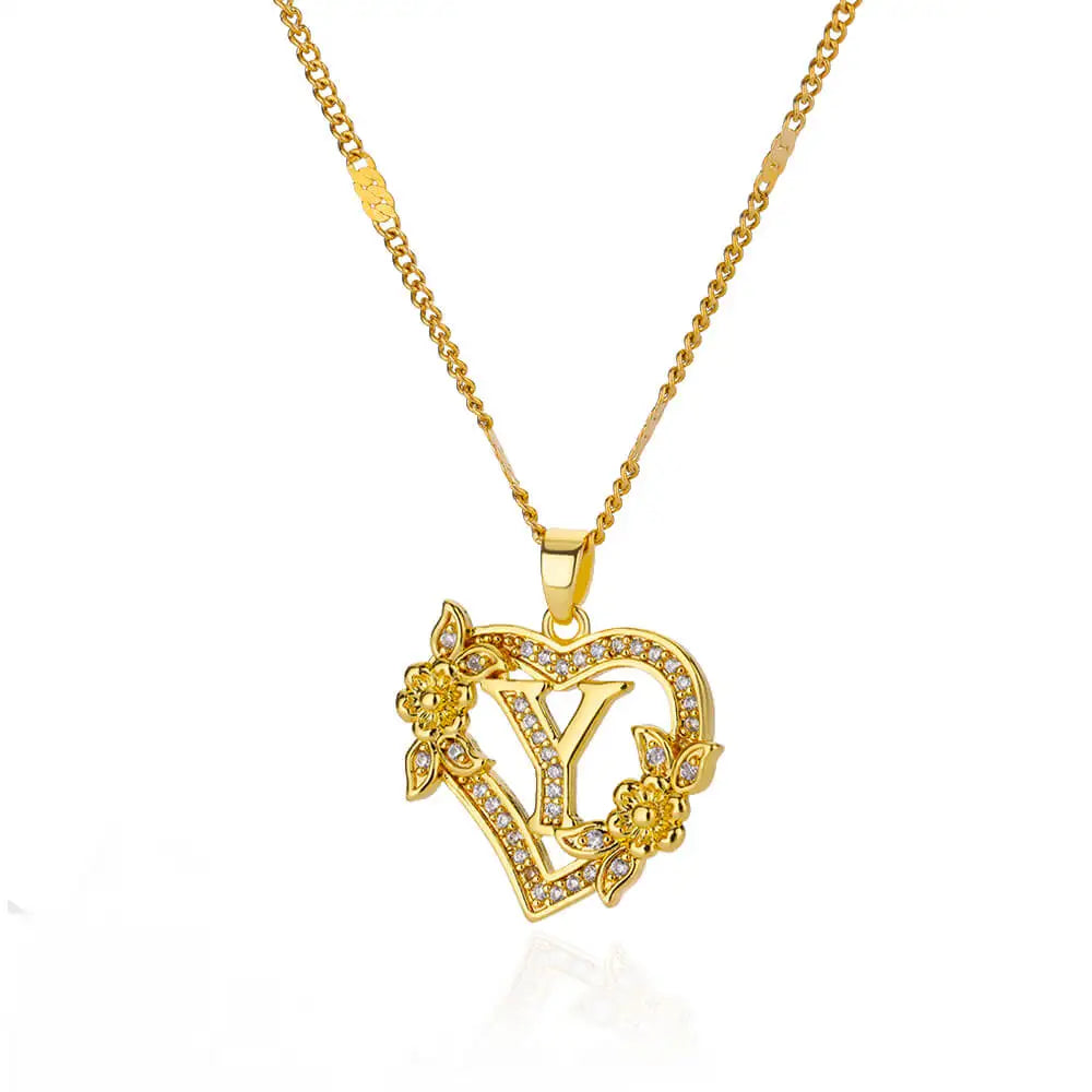 Gold-Plated Stainless Steel Heart Necklace with Zircon & Initials for Women