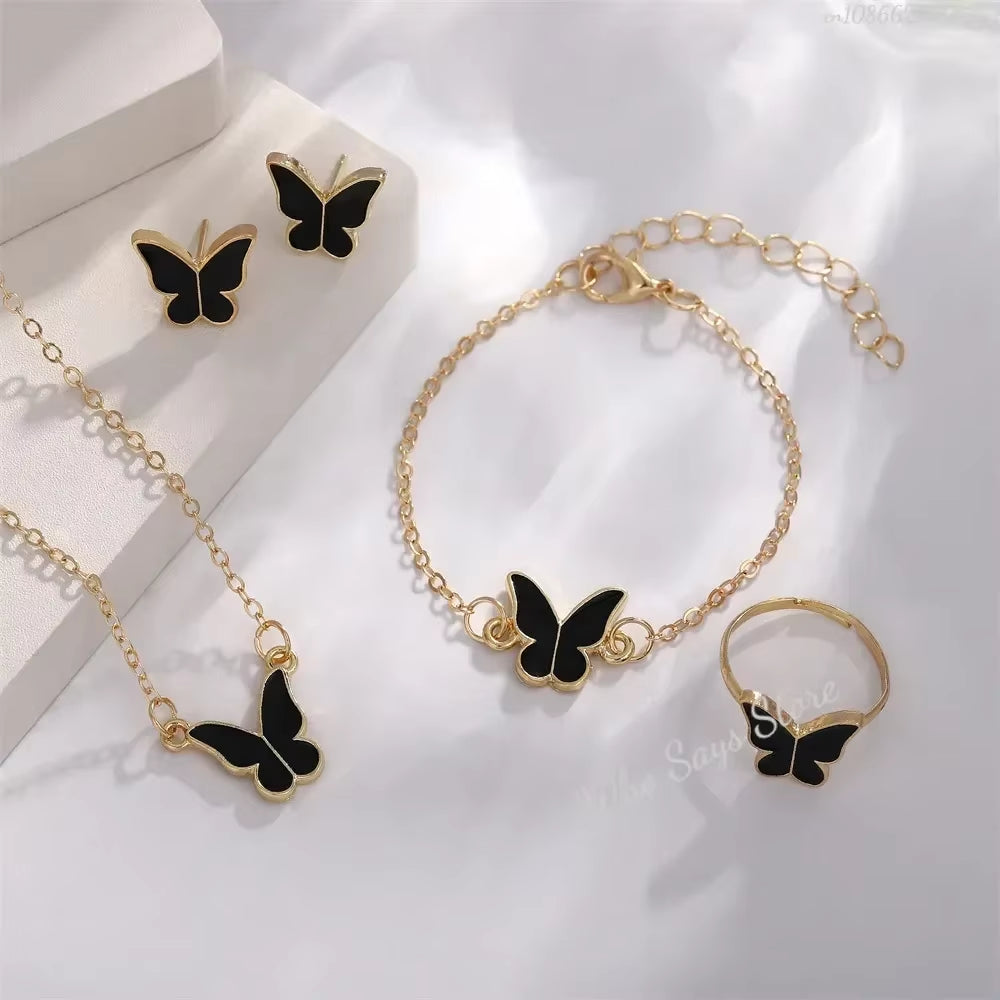 Crystal Butterfly Jewelry Set – Necklace, Bracelet, Ring & Earrings for Women