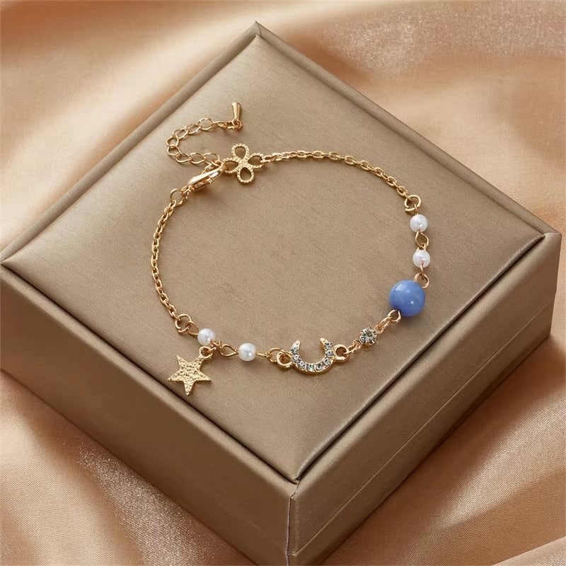 Korean Simple Star Moon Zircon Pearl Bracelet for Women Ladies Cute Elegant Exquisite Shiny Link Chain Bracelet Charm Jewelry